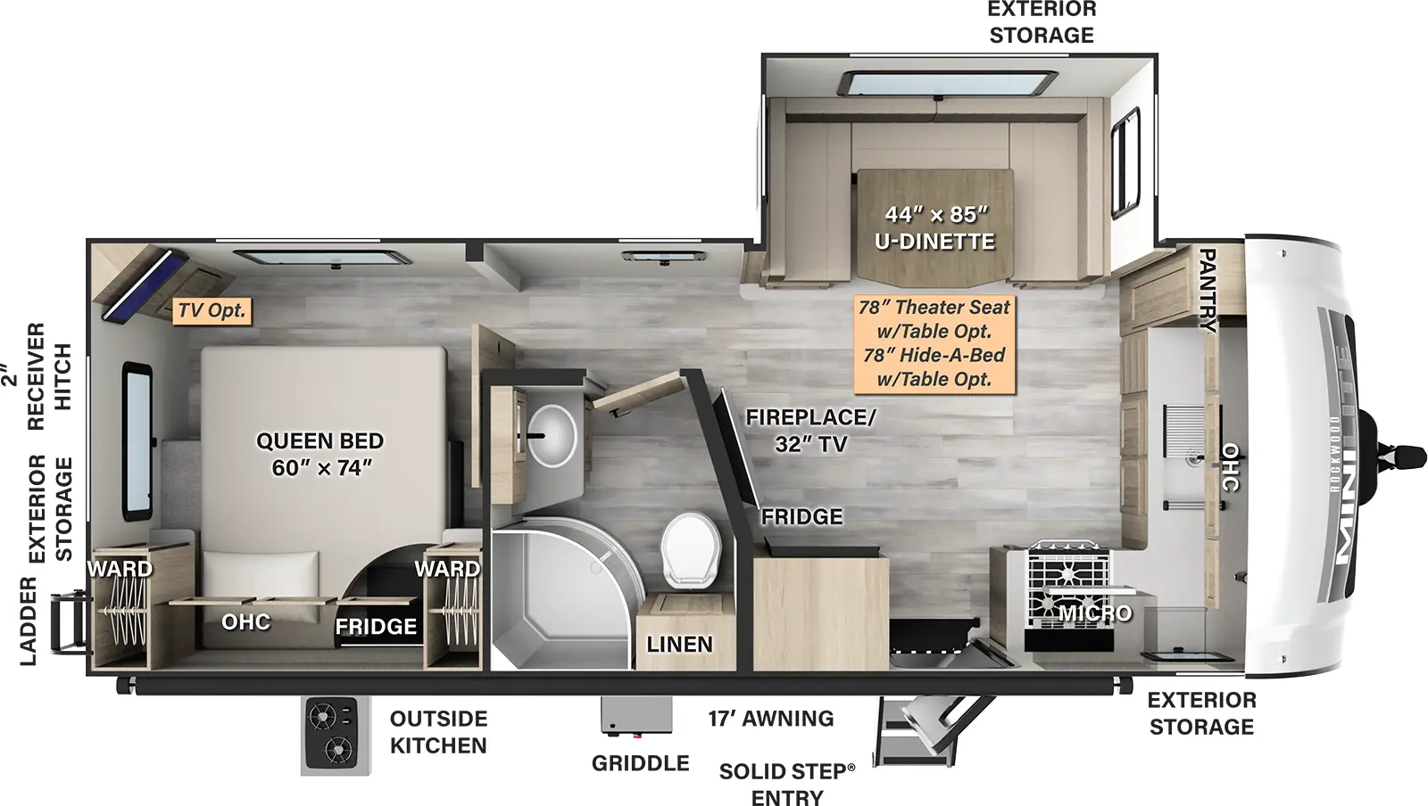 The 2506S has one slide out and one entry door. Exterior features a 17 foot awning, solid entry step, outside kitchen with refrigerator, front exterior storage on both sides, griddle, rear exterior storage, rear ladder, and 2 inch receiver hitch. Interior layout front to back: front kitchen with pantry, kitchen counter with sink and overhead cabinet wrap to door side with cooktop, microwave, entry door and refrigerator; angled TV and fireplace along inner wall; off-door side slide out with u-dinette (theater seating with table or hide-a-bed with table optional); door side full bathroom with linen closet; rear bedroom with side facing queen bed, overhead cabinets, and wardrobes on either side (optional TV). 